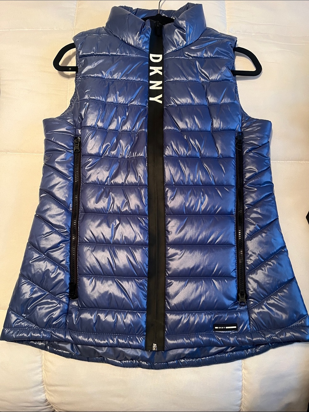 DKNY Shiny Blue Quilted Puffer Vest with Black Trim